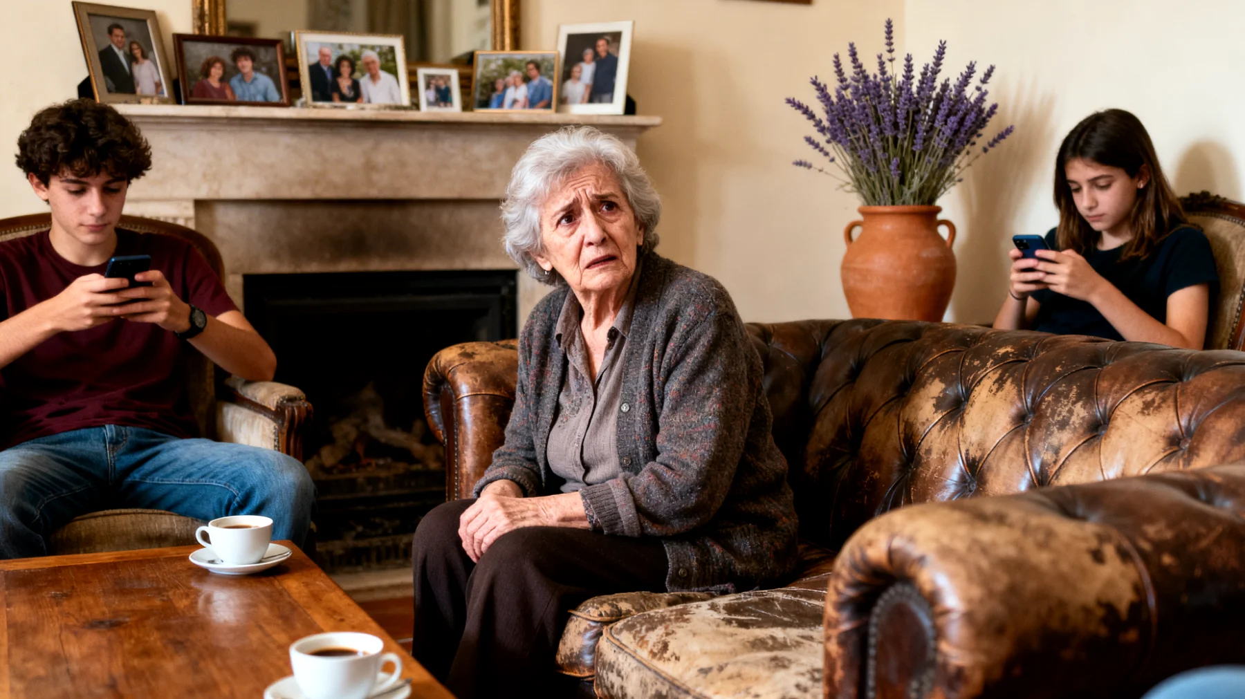 Nonna preoccupata per l'uso eccessivo dello smartphone da parte dei nipoti giovani adulti durante le visite familiari, con conseguente mancanza di dialogo e connessione emotiva"